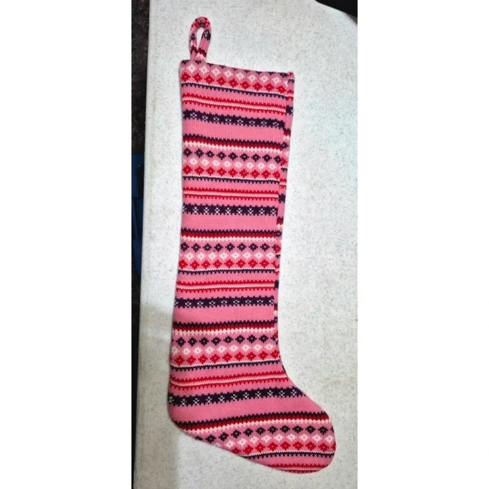 Christmas Stocking Pink Knit Multicolor Fair Isle Holiday Decor 18 inch